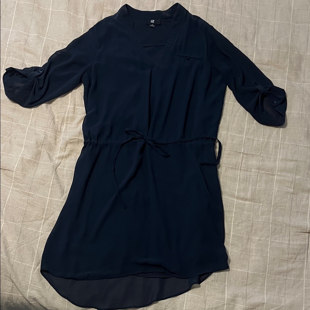 Iz Byer Navy Long Sleeve Tie-Waist Shirt Dress
